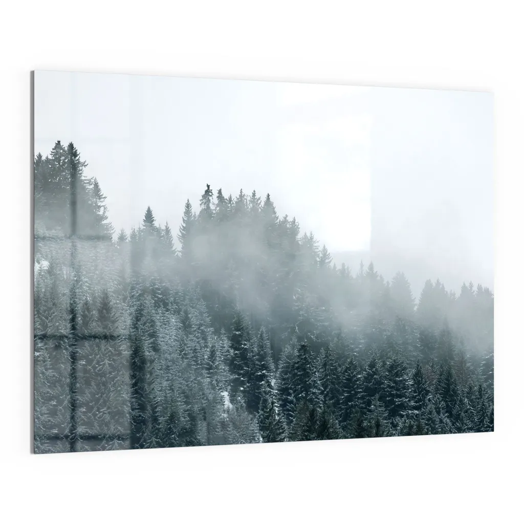 DEQORI Magnettafel Glas 120x90 cm 'Nebel über Baumwipfeln' beschreibbar Whiteboard